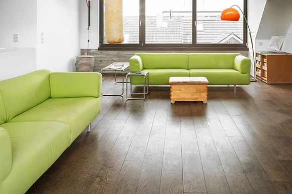 Wohnzimmer mit grünen Sofas